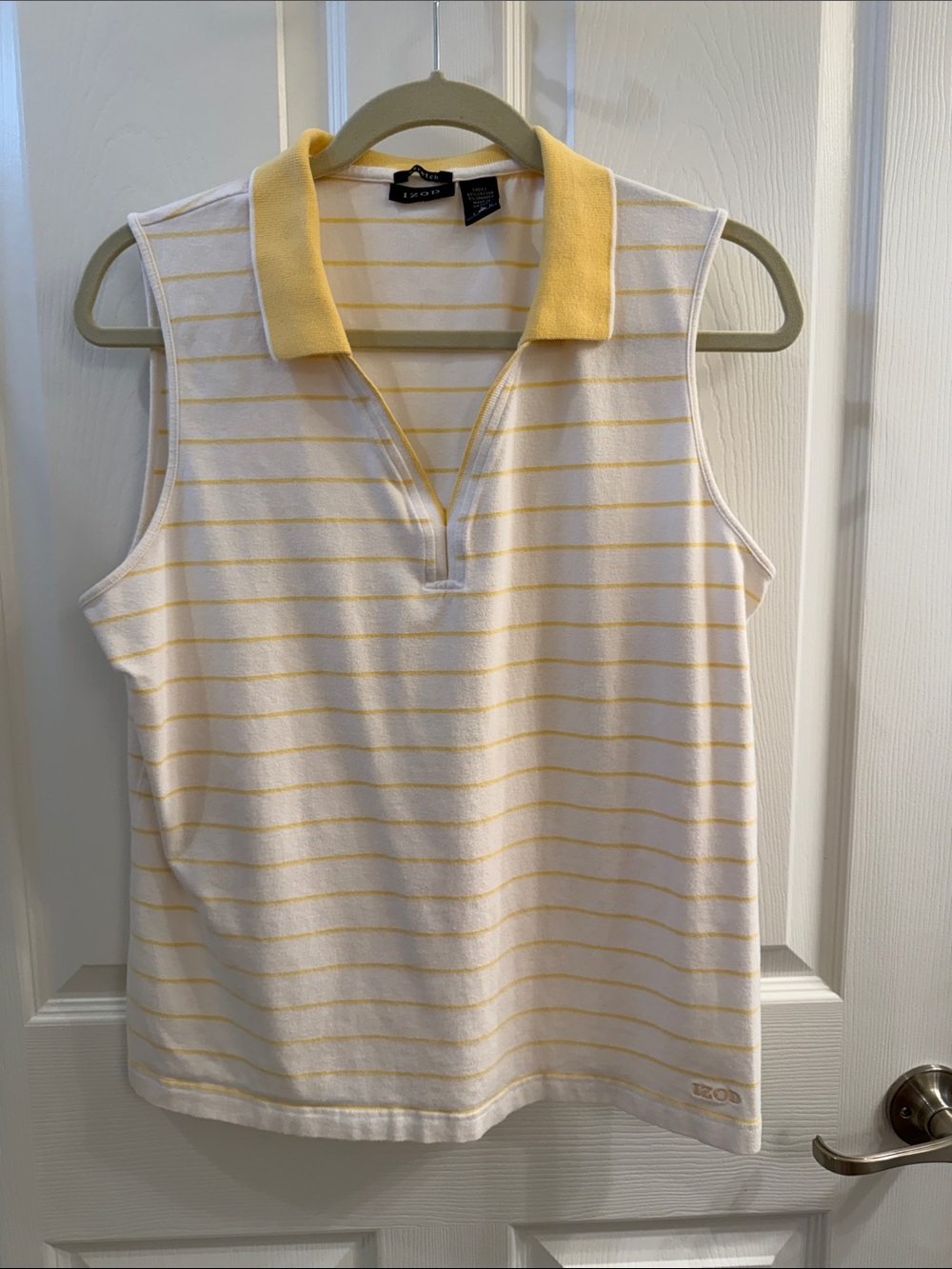 Izod Yellow and White Striped Sleeveless Polo Tank